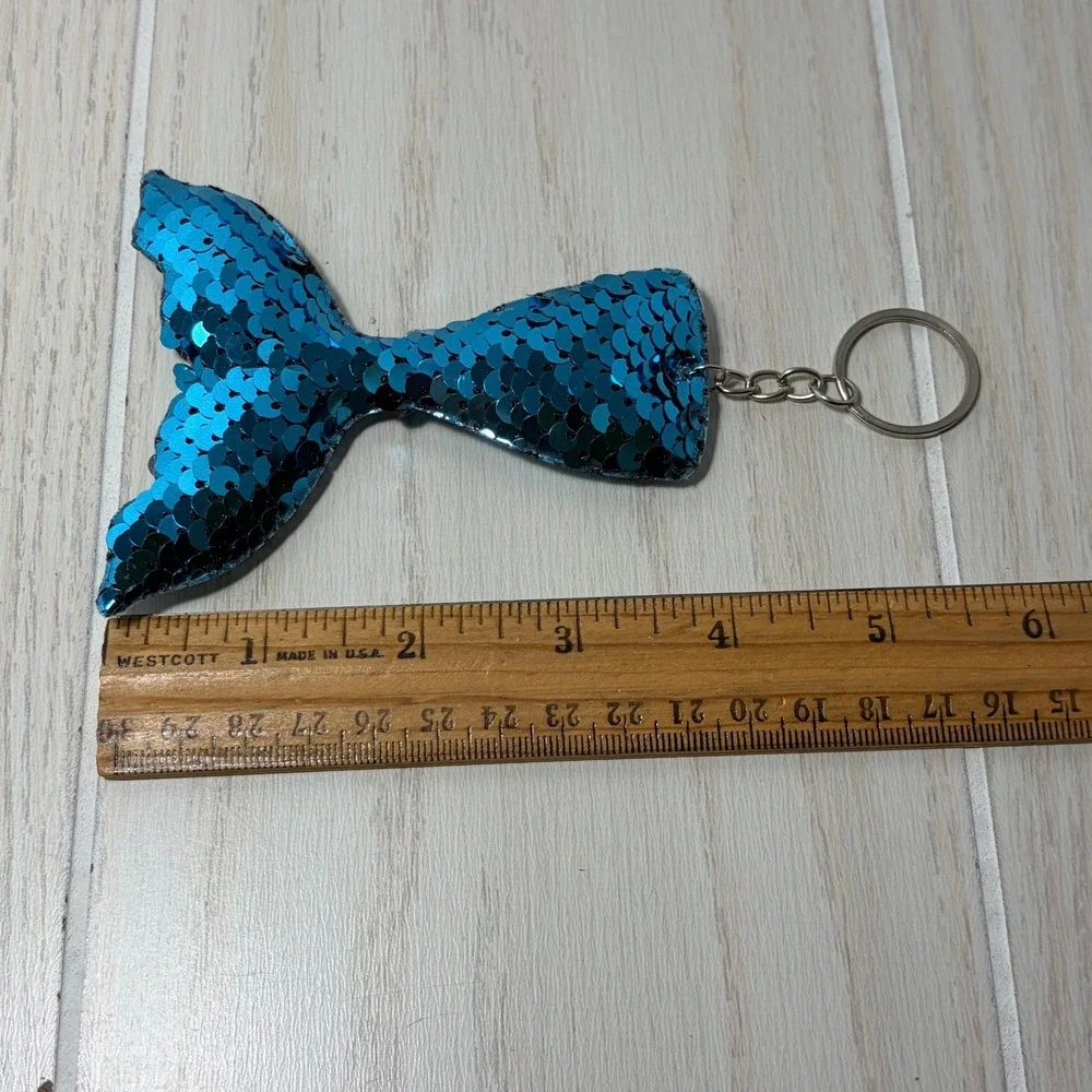Mermaid Tail Keychain Blue Silver Reversible Flip Sequin Bag Charm Aquamarine